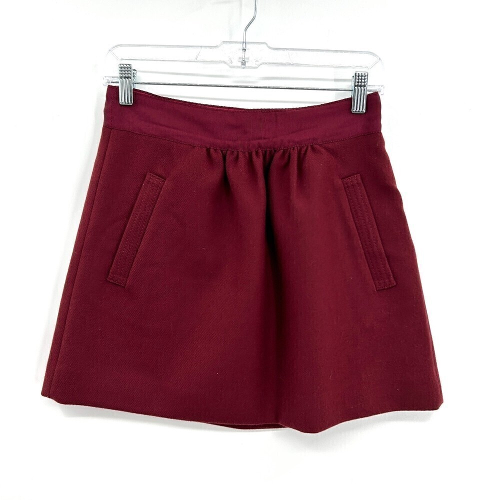 J. CREW Burgundy Red 100% Wool A-Line Pocket Side Zip Office Mini Skirt Size 00